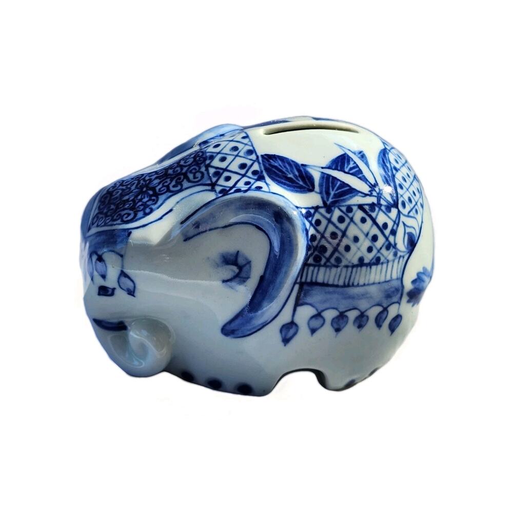 Vtg Ceramic Elephant Bank in Blue and White Portugal Figurine Piggy Bank